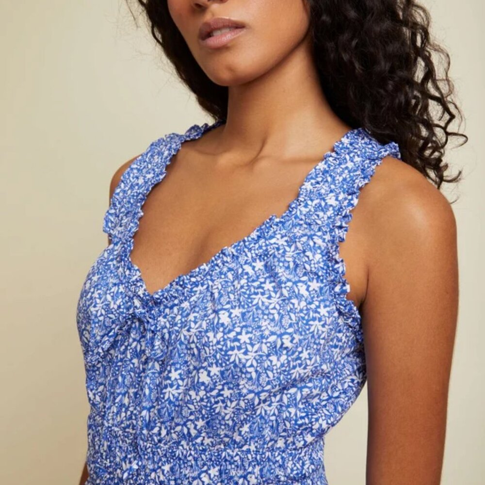 Nation LTD Nanette Ruffle Dress, Mykonos (blue floral), size S, NWOT